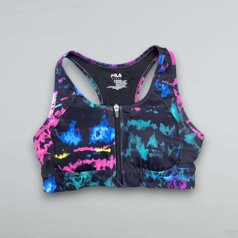 Black Multicolor Front Zip Sports Bra Racerback Workout Gym Activewear